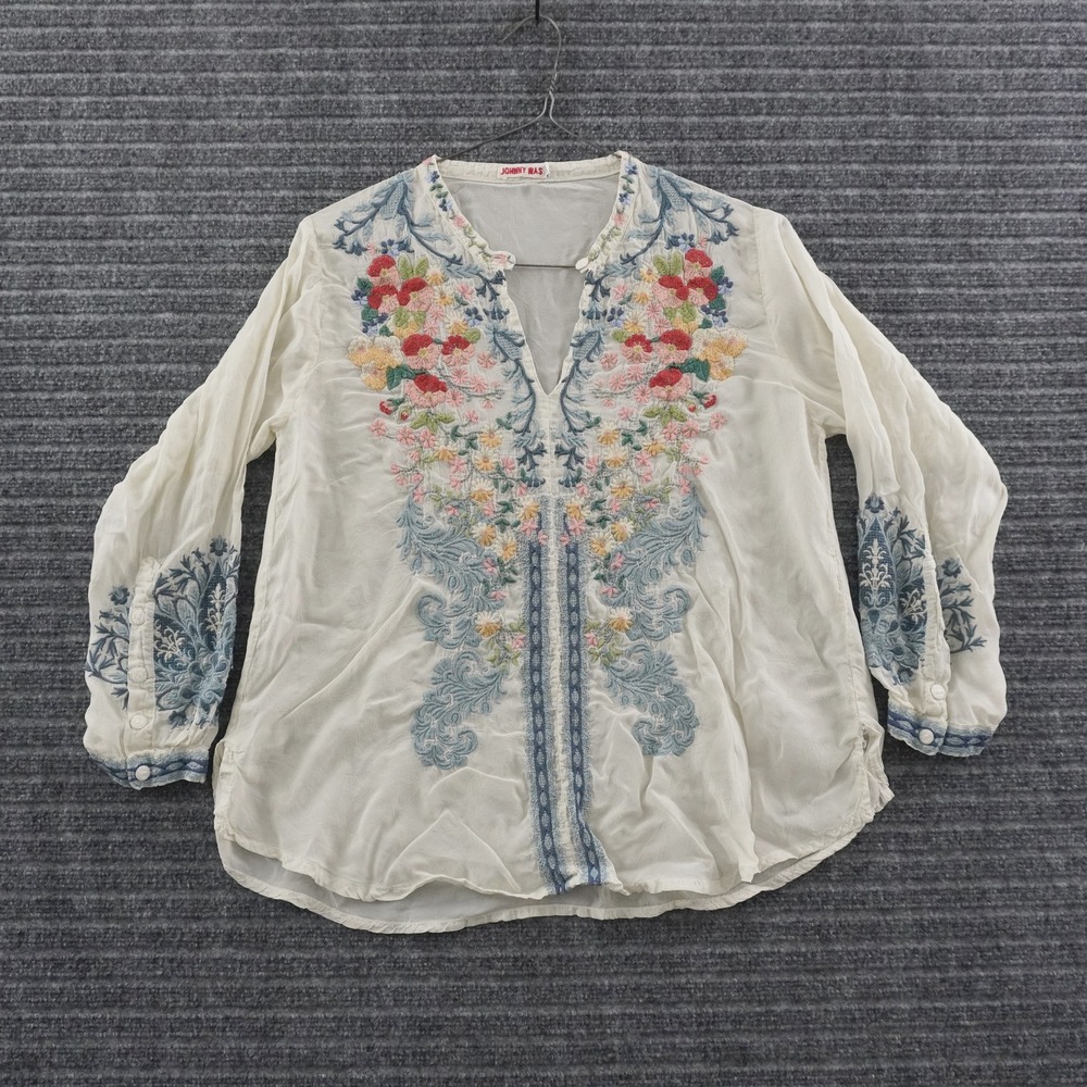 Johnny Was Blouse Womens PM White Embroidered Floral Cupra Rayon Boho Top